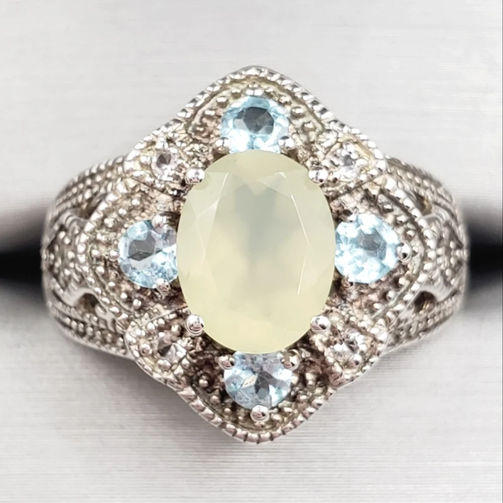 Apatite - White Topaz & Chalcedony 925 Sterling Silver Milgrain Design Ring